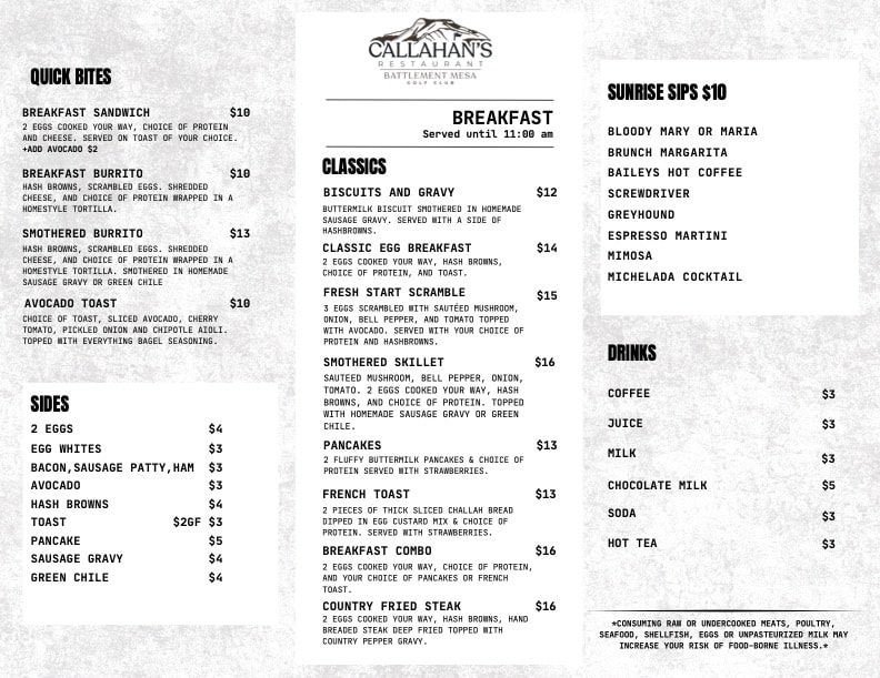 Callahan's New Menu 10.14.2025