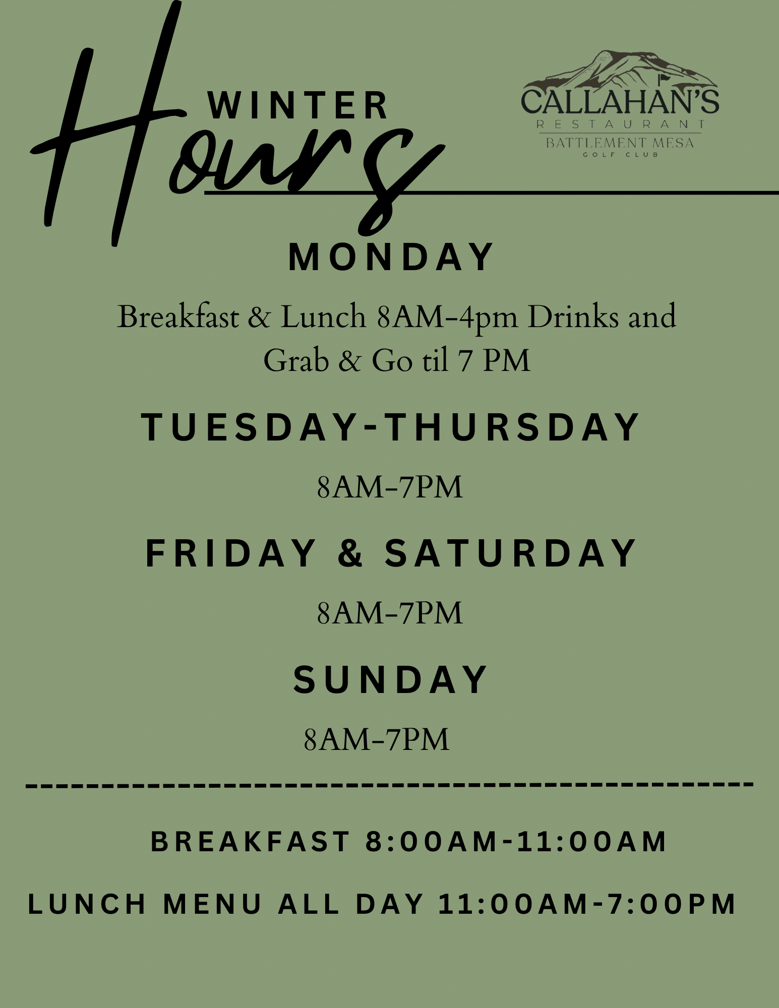 Callahan's current hours Fall