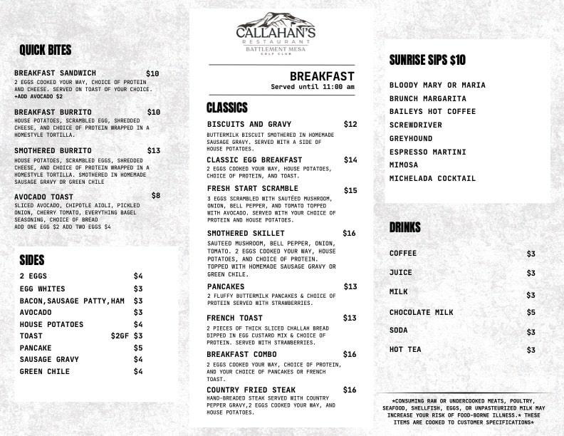 Callahan's Menu