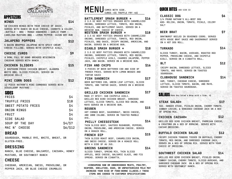Callahan's Menu