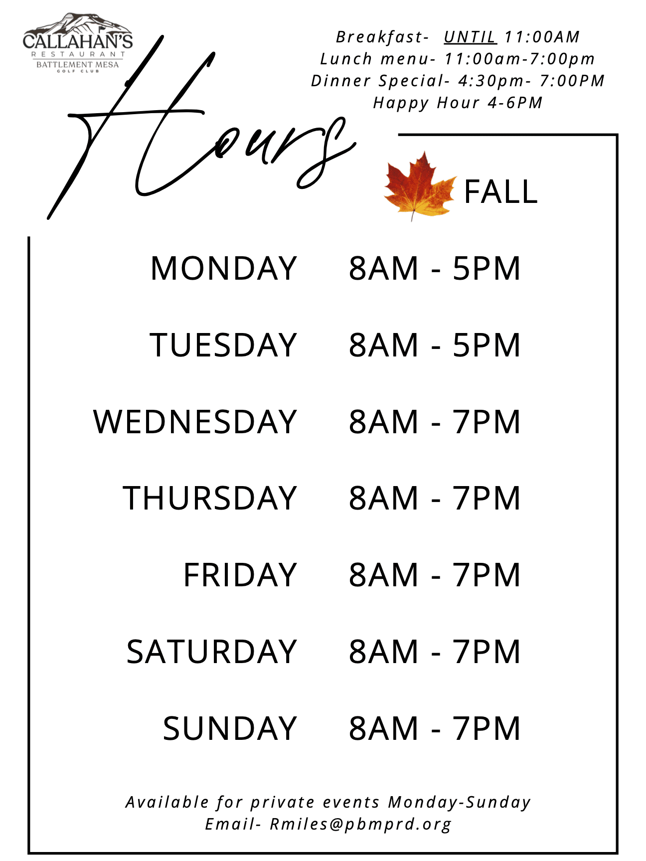 Callahan's Fall hours